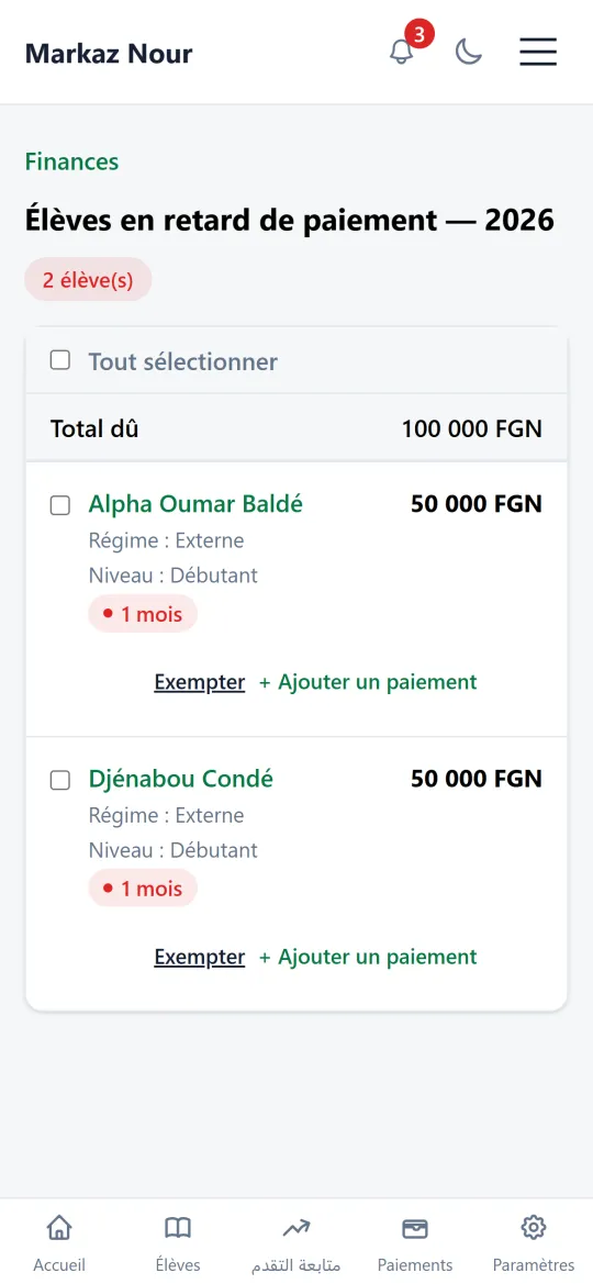 Liste des élèves en retard de paiement